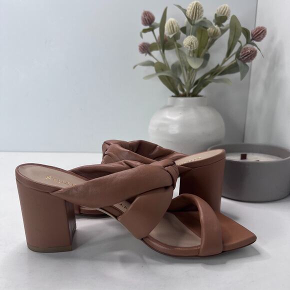 Stuart Weitzman Playa 75 Knot Leather Block Sandals Tan Women's US 5.5B Tried On - Picture 7 of 10